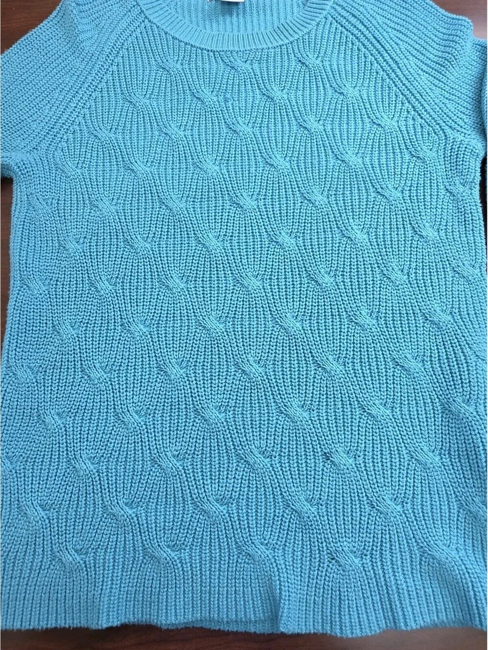 Liz Claiborne Large Turquoise Blue Cable Knit Cotton Blend Crewneck Sweater